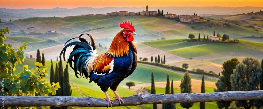 Colorful rooster bird against Italy landscape.