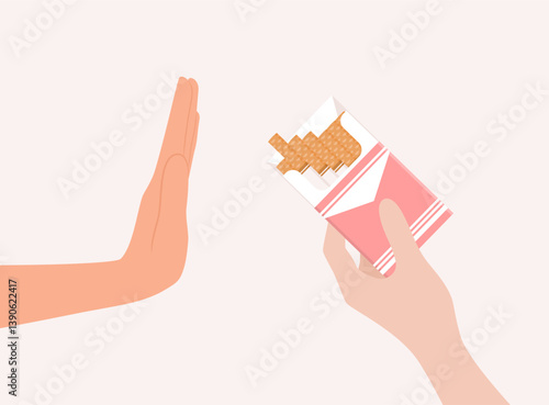 Hand offering cigarettes and other hand in refusal gesture. Flat vector illustration