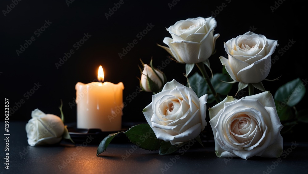 Obraz premium A dark background featuring beautiful white roses with a glowing candle.