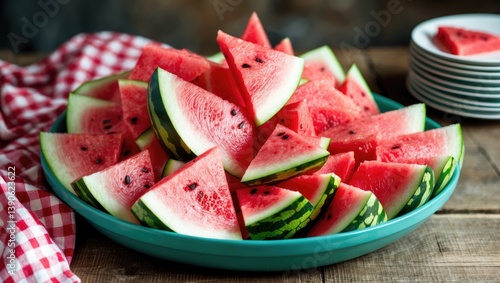 Collection of triangular pieces of a sweet, icy, and delectable watermelon displayed on a large serving plate. Fresh, wholesome, and natural food.