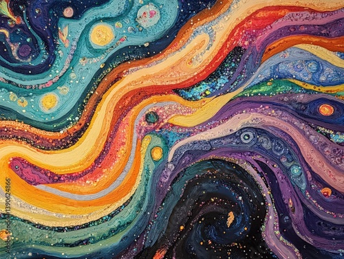 Abstract cosmic swirl with multicolored textured lines and glitter accents