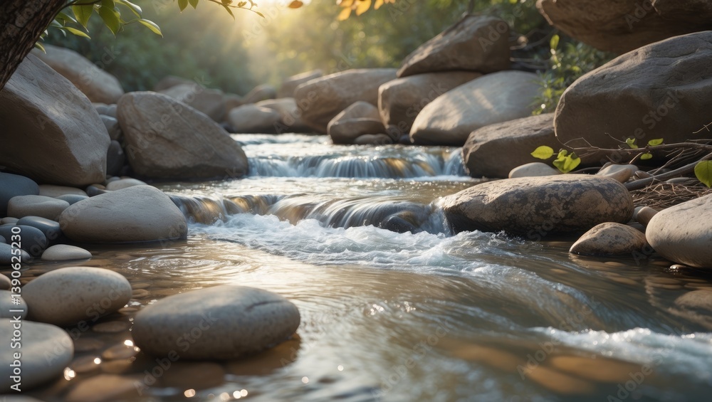 A serene river meanders through the landscape, flanked by stones of various sizes. A serene river meanders through the landscape, flanked by stones of various sizes.