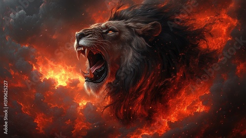 Majestic roaring lion emerging from fiery clouds, symbolizing strength and power in nature