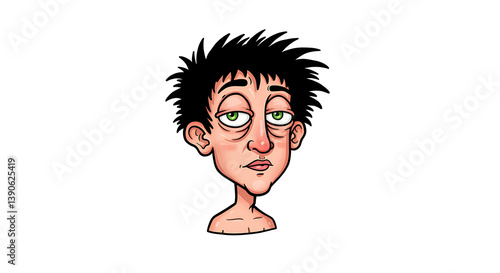 Cartoon illustration of a disheveled and sleepy-eyed person on a white background