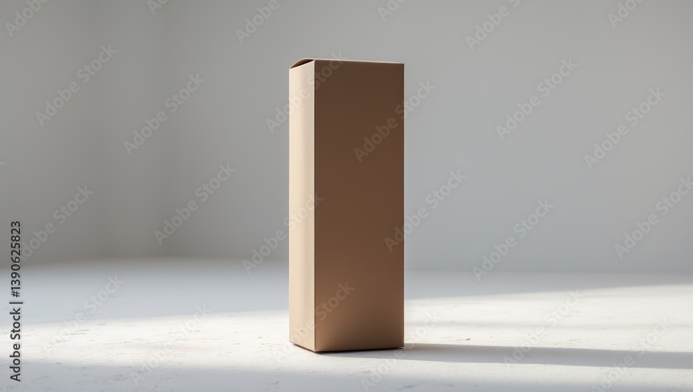 Tall brown cardboard box without any markings, set against a white backdrop. Collection of packaging template mockups. Stand-up package in half side view. Tall brown cardboard box without any markings, set against a white backdrop. Collection of packaging template mockups. Stand-up package in half side view.