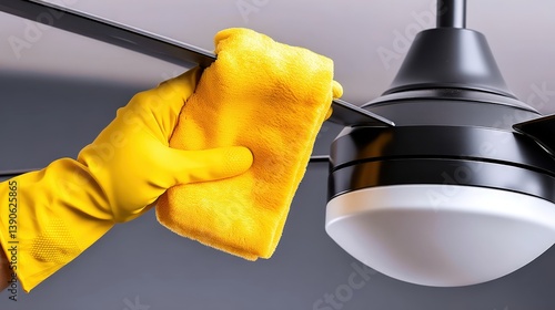 Ceiling fan cleaning process with a dusting cloth in a modern living space during the afternoon