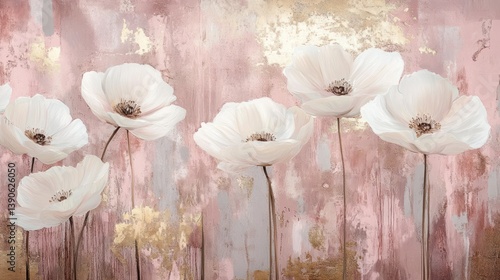 Elegant white poppies on a blush pink and gold abstract background