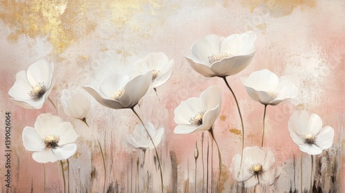 Elegant white flowers on a blush pink and gold background