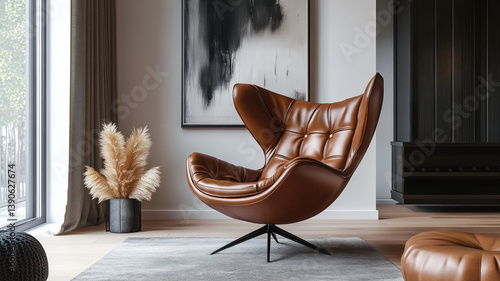Obraz na płótnie Stylish brown leather armchair in modern minimalist living room with abstract artwork and soft lighting w salonie