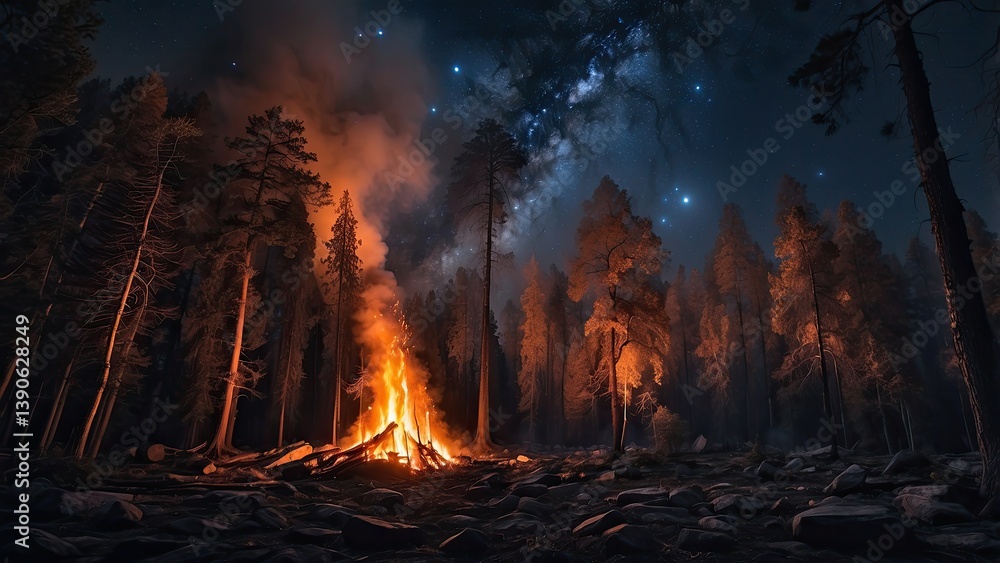 Obraz premium A massive wildfire engulfs a dense forest on a mountainside