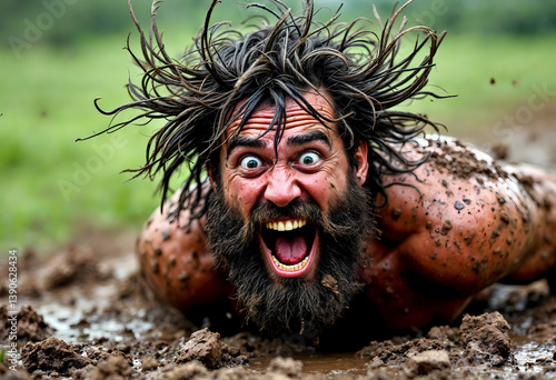 Mud Crawl: Intense Man Covered in Mud, Screaming, with Dramatic Expression.