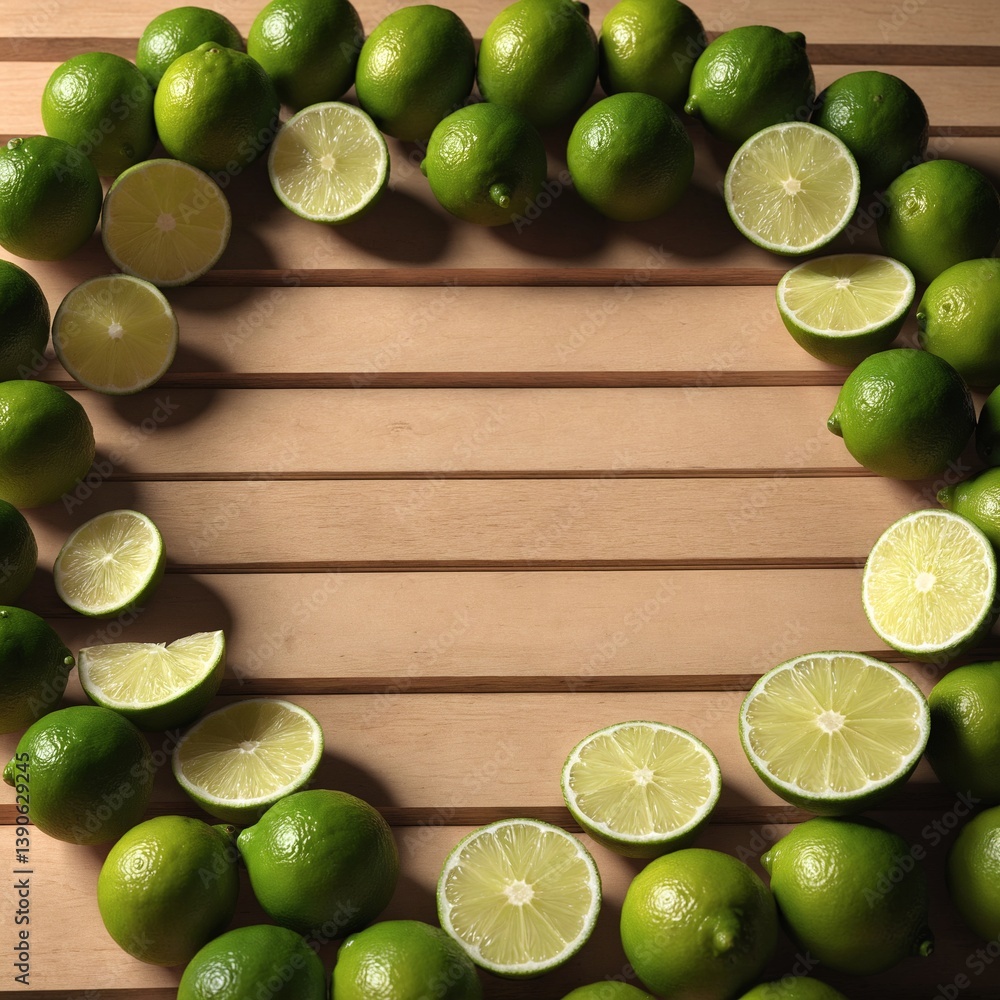 Lime fruits on dark wooden table, copy space