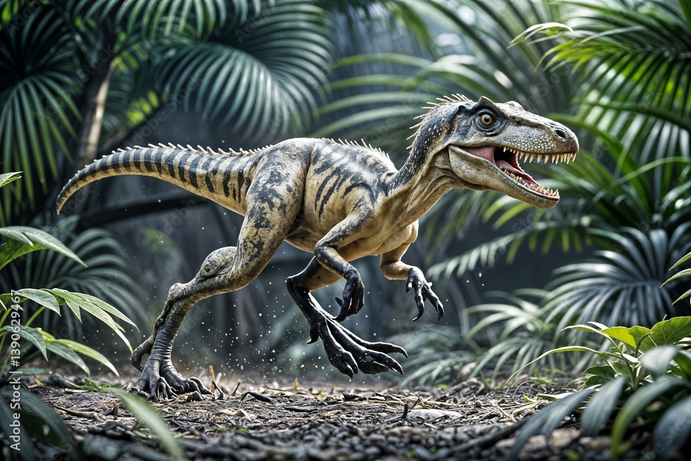 Obraz premium lifelike depiction of a velociraptor a small yet formidable dinosaur set against a natural backdrop of greenery dinazor dinosaurio dinosaurier dinozor