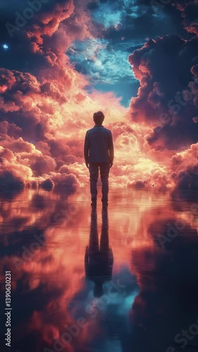 Wallpaper Mural Lone man stands on reflective surface beneath surreal cosmic sky filled with vibrant red and blue clouds, surrounded by stars in futuristic dreamlike landscape. Concept innovation and future vision Torontodigital.ca