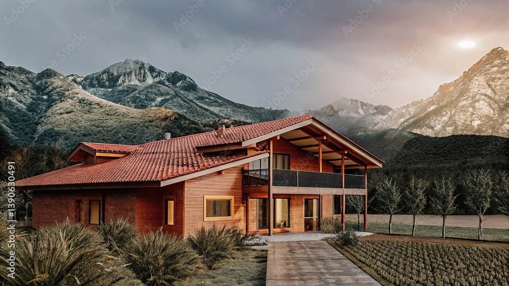 House Nestled in Valley with Towering Mountain Backdrop – Photorealistic Landscape View - 32 House Nestled in Valley with Towering Mountain Backdrop – Photorealistic Landscape View - 32