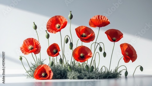 Bright Red Poppies Set Against a White Background