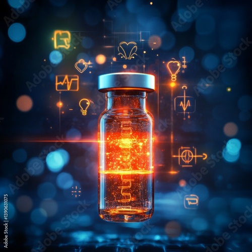 Obraz na płótnie A glowing vial filled with a vibrant liquid stands amidst floating health and technology icons. This digital aesthetic combines science and innovation. Perfect for healthcare design. AI w salonie