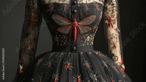 Artistic black dress featuring detailed moth and spider embroidery in red and gold tones, combining gothic style with elegant fashion