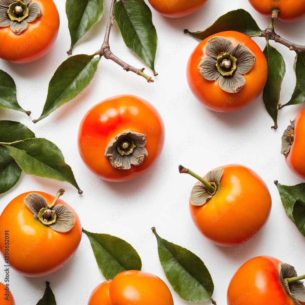 Fresh kaki persimmon fruits on white. Top view