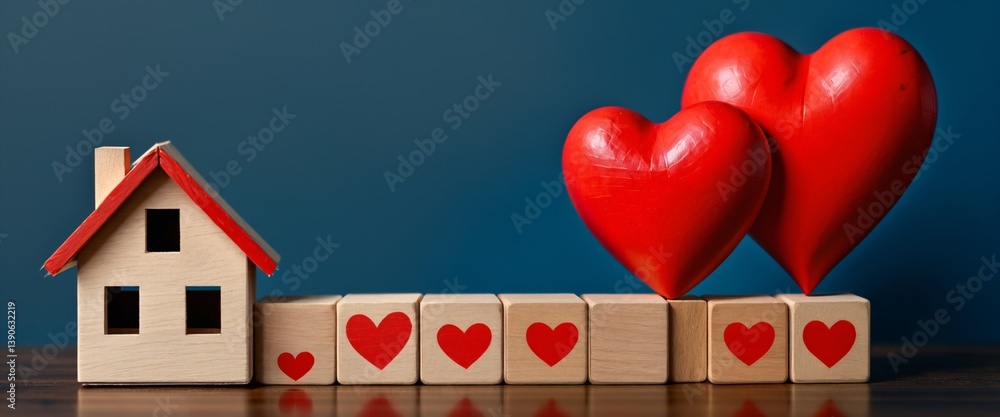 wooden house with red heart, Blue background