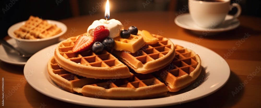 Breakfast table. Waffles with berries on plate.