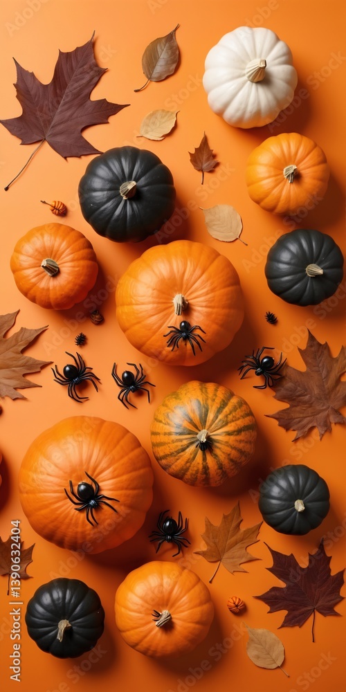 Halloween Flat Lay with Pumpkins, Spiders, and Autumn Leaves on Orange Background.