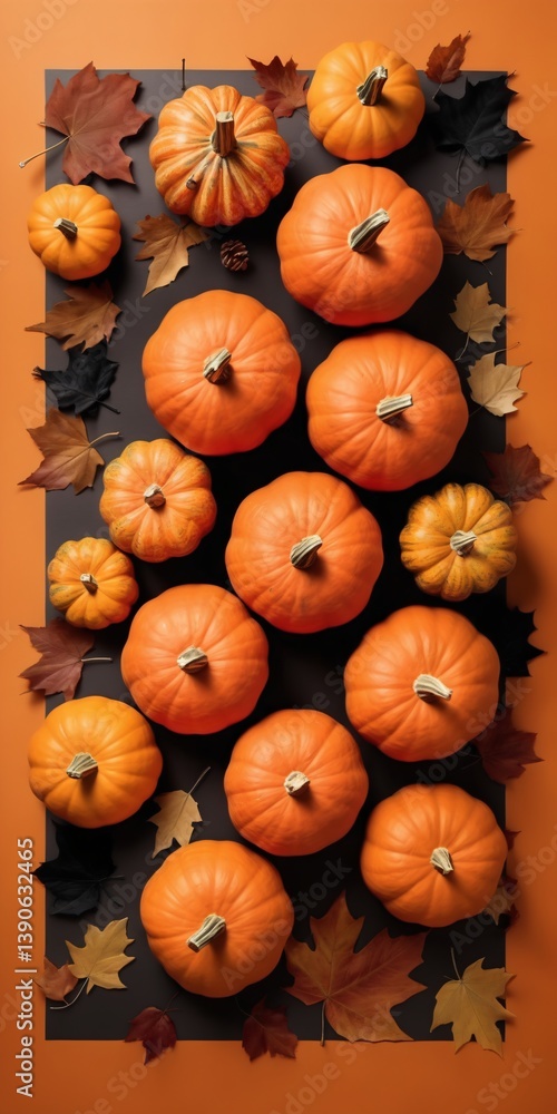 Halloween Flat Lay with Pumpkins, and Autumn Leaves on Orange Background.