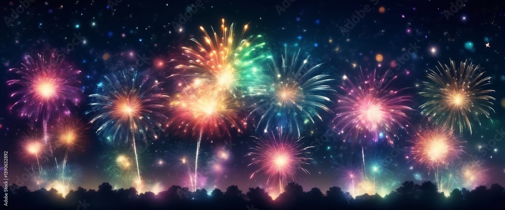 Dazzling display of fireworks bursting in a variety of colors against the night sky, symbolizing celebration festivity