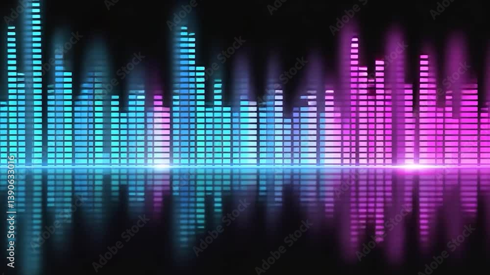 Colorful audio equalizer animation, vibrant sound waves, dark background, music visualization