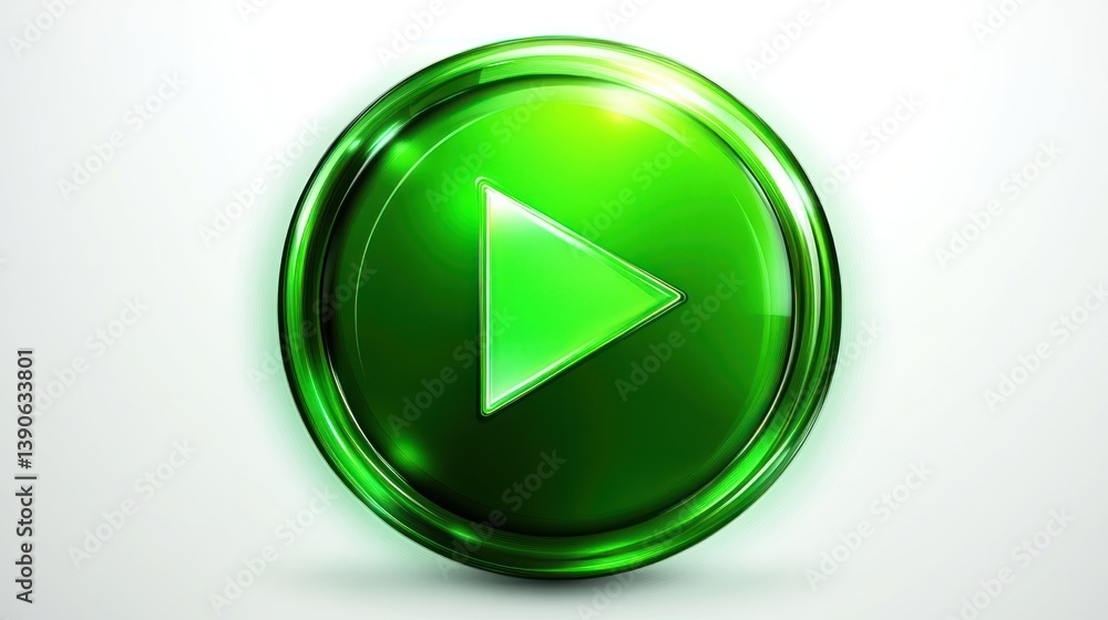 Green Play Button Icon with Shiny Surface and Triangle Symbol for Media Playback Green Play Button Icon with Shiny Surface and Triangle Symbol for Media Playback
