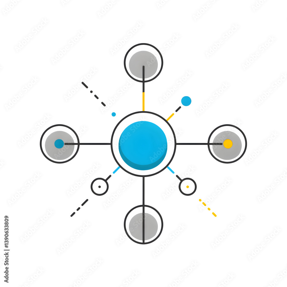 Ultra-minimalist iconography: single blue circle connected to three smaller grey circles by thin straight lines, tiny yellow dot flare on central circle, isolated symbol on absolute white. Ultra-minimalist iconography: single blue circle connected to three smaller grey circles by thin straight lines, tiny yellow dot flare on central circle, isolated symbol on absolute white.