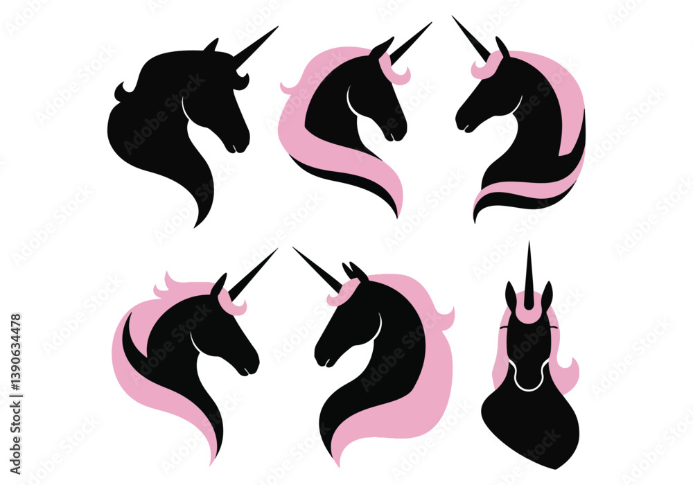 Unicorn silhouette icons - Set of six mystical unicorn head designs with flowing manes and magical vibes Unicorn silhouette icons - Set of six mystical unicorn head designs with flowing manes and magical vibes