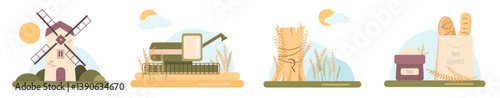 РазобрVector illustration of harvesting. Agriculture and farm. Mill, combine harvester, haystack, flour, bread. Drawings for poster, banner, postcards, backgroundано