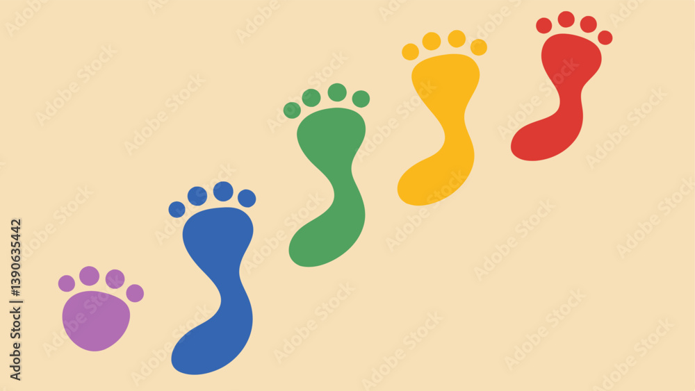 Fototapeta premium Footprints on a Path Various footprints along a path that represent different journeyssome large some small and some of varying colorsindicating the unique journeys of gender