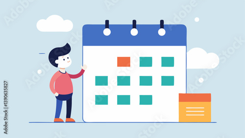 Content Calendar An illustration of a wall calendar marked with various dates and notes about content release dates with a character scheduling in front promoting organized