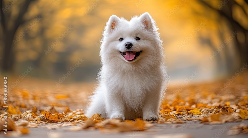 Fototapeta premium A cheerful white Samoyed dog sitting on a leaf-covered path in a vibrant autumn park