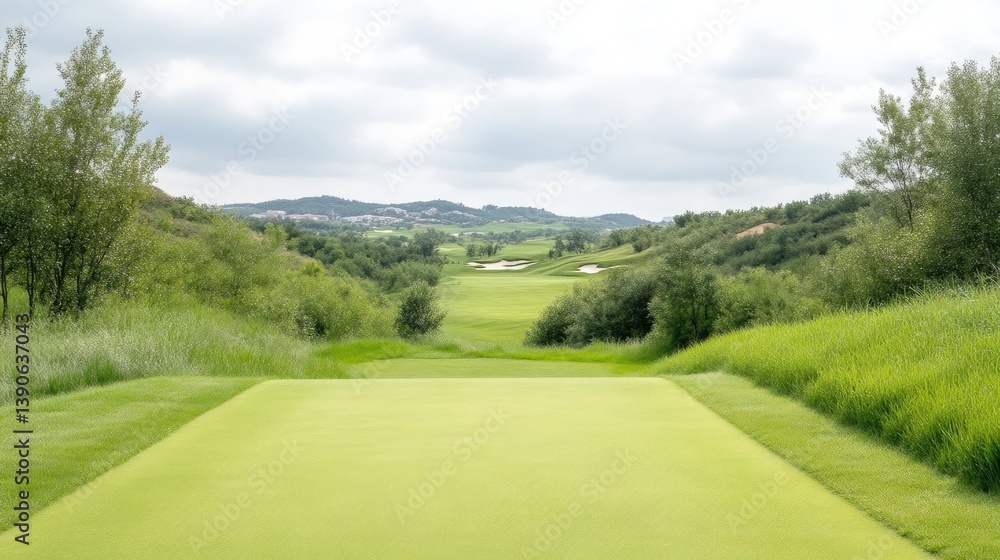Scenic golf course fairway with lush green grass and rolling hills Scenic golf course fairway with lush green grass and rolling hills