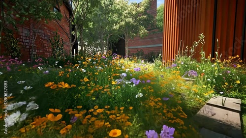 Wallpaper Mural Vibrant wildflowers bloom in a sunny urban garden showcasing nature's beauty amid modern architecture Torontodigital.ca