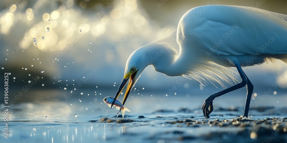 A majestic white heron hunting in shallow water. The bird stands gracefully, capturing a fish. This serene nature scene showcases wildlife photography. Beautiful and captivating. AI