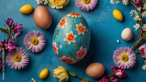 Close-Up Top View of Decorated Easter Eggs with Colorful Blossoms on Blue Background