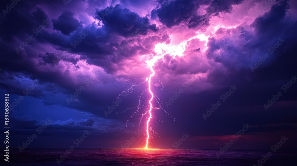 Fototapeta premium Vibrant pink lightning striking dark ocean
