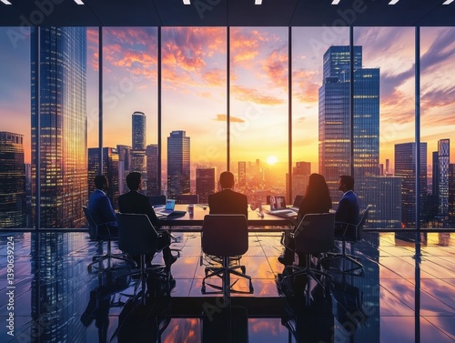 Boardroom Vision: A group of professionals is gathered in a modern boardroom, overlooking a stunning cityscape at sunset, showcasing vision and collaboration in the corporate world.