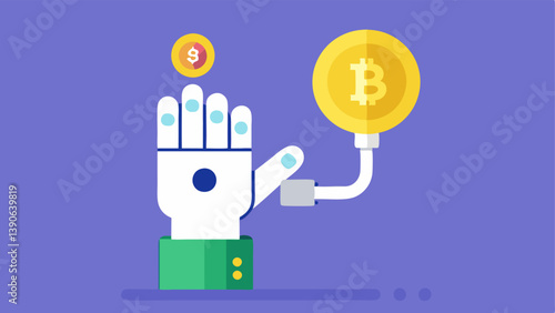 Bot in Action A robotic hand clicking a Buy button while a cryptocurrency coin icon rises in the background symbolizing a successful trade.