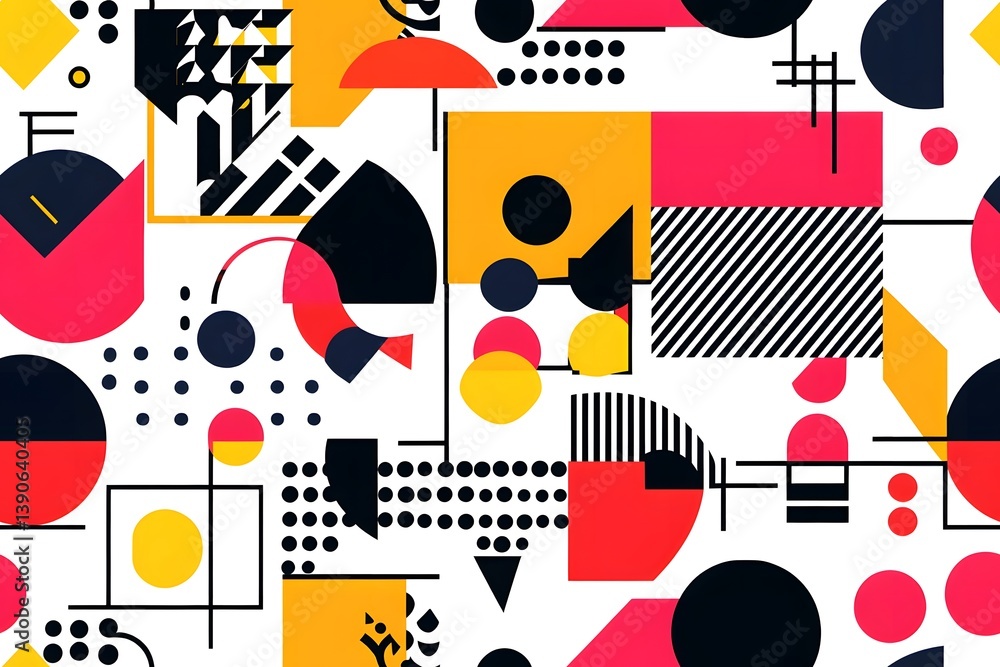 Bold Retro Geometry: Seamless Grid Pattern of Bright Geometric Shapes, Simple and Dynamic Bold Retro Geometry: Seamless Grid Pattern of Bright Geometric Shapes, Simple and Dynamic