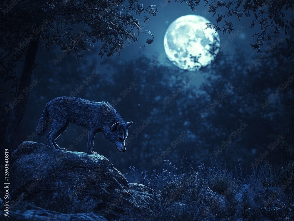 Obraz premium Gray wolf howling under full moon in dark forest - nocturnal wildlife scene