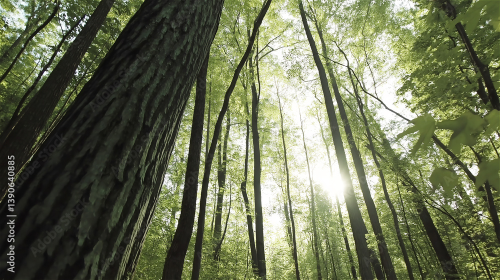 Obraz premium Tall forest trees reaching upward with sunlight filtering through dense canopy. Low angle view of green woodland with sun rays creating magical atmosphere and natural light beams in forest environment