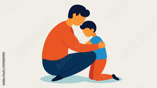 Gentle Embrace An adult figure is shown kneeling wrapping their arms around a smaller child figure creating a warm and comforting hug that symbolizes assurance and love.