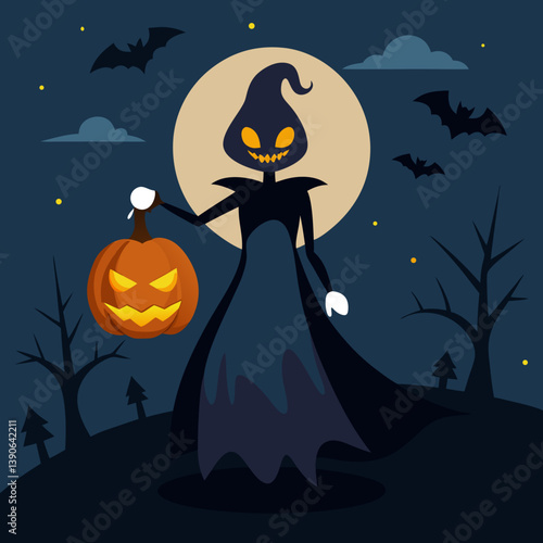 Vector art illustration with Halloween pumpkin and bats