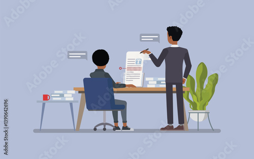 Man and woman editing a document on a computer using professional text editing software. Character vector illustration design.