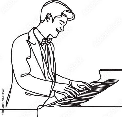 Line Art of Young Male Pianist Playing Classic Grand Piano